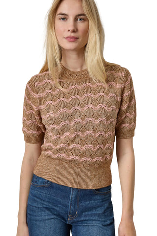 Lilla P Short Sleeve Multistitch Sweater - Hazlenut Stripe