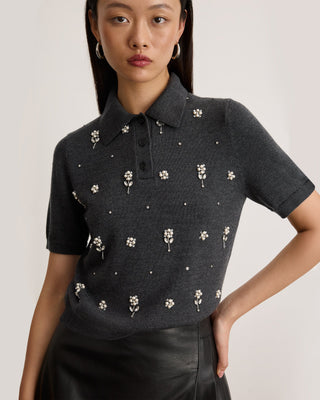 Tanya Taylor Camilla Sweater W/ Embroidery - Dark Heather Gray