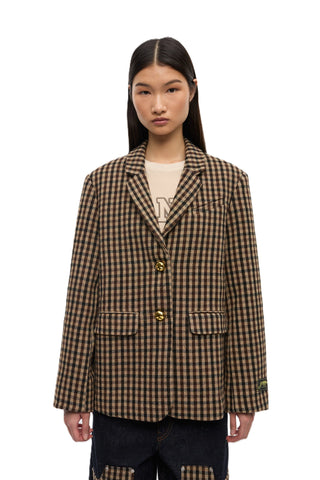 Check Wool Mix Oversized Blazer - Chicory Coffee