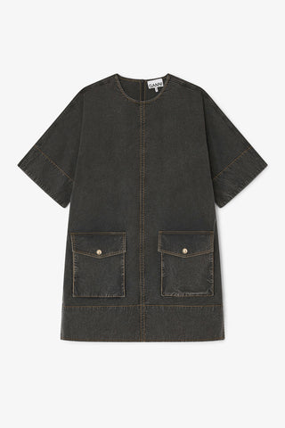 Washed Stretch Cotton Boxy Kimono Mini Dress - Black
