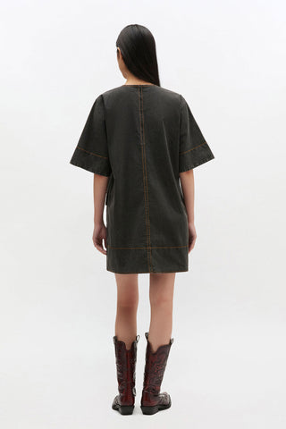 Washed Stretch Cotton Boxy Kimono Mini Dress - Black