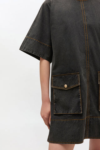 Washed Stretch Cotton Boxy Kimono Mini Dress - Black