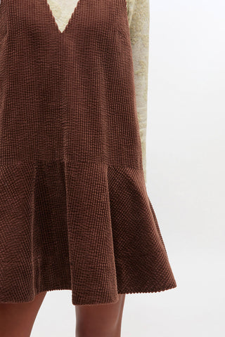 Seersucker Corduroy V-neck Mini Dress - Chicory Coffee