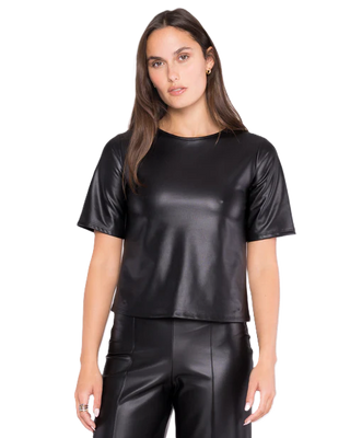 Vegan Leather Short Sleeve Top Extended - Black