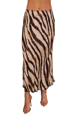 Milio Milano Tiger Print Silky Midi Skirt - Beige/Black