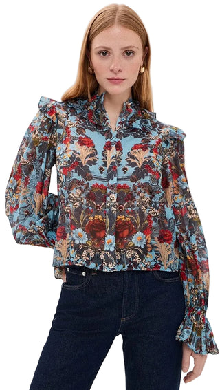 Alice + Olivia Bernice Victorian Ruffle Blouse - Heartstrings Mineral Blue