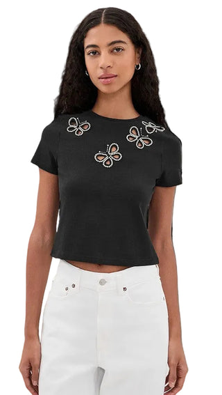 Cindy Embell Cropped Tee - Black/ Silver Crystal