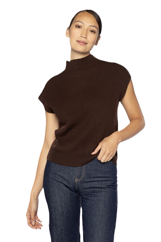 Rib Cap Sleeve Mock Neck - Chocolate