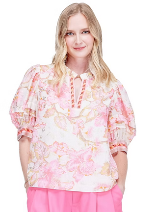 Jade - Puff Sleeve Trimmed Placket Top - Aloha Bloom