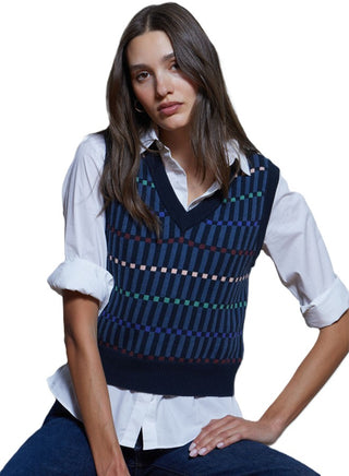 Autumn Cashmere - Jacquard V Neck Vest - Navy Blue Combo