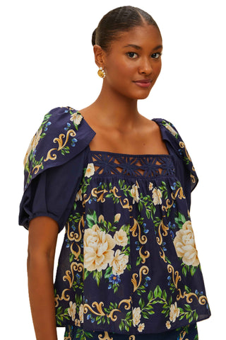 Flower Tapestry Yoke Blouse - Blue
