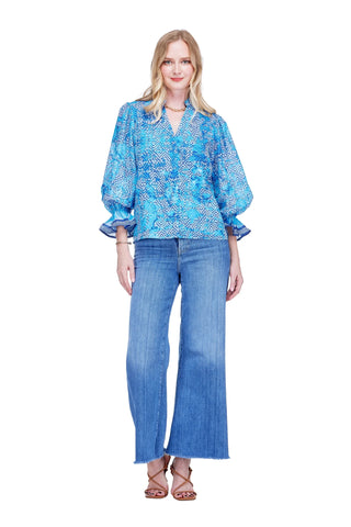 Jade V-Neck Blouse - Cobalt Geo Border