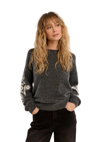 Molly Bracken Lace Sleeve Sweater - Ash Dark Grey