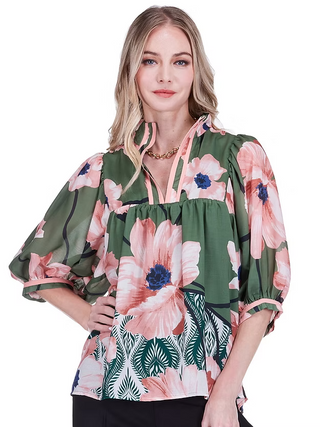 Stand Collar Puff Sleeve Top - Olive Bloom