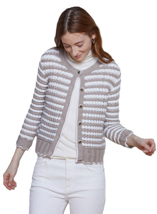 Textured Pointelle Stripe Scallop Edge Jacket - Sandalwood/Bleach White