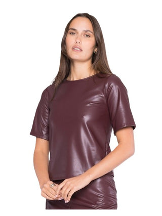Vegan Leather Short Sleeve Top - Oxblood