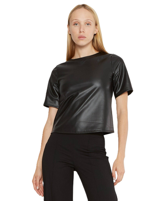 Vegan Leather Short Sleeve Top Extended - Black