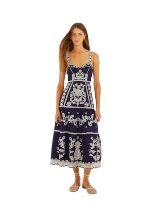 Farm Rio Richillieu Midi Dress - Blue and White