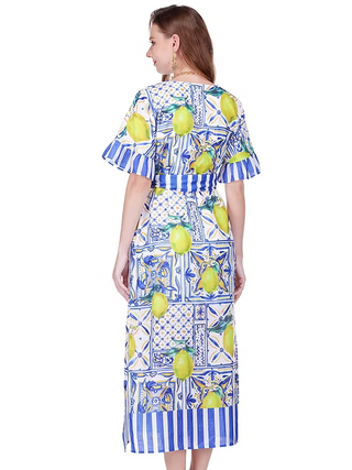 V-Neck Side Slit Midi - Lemon Tiles