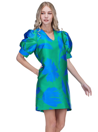 V-Neck Puff Sleeve Dress - Green Floral