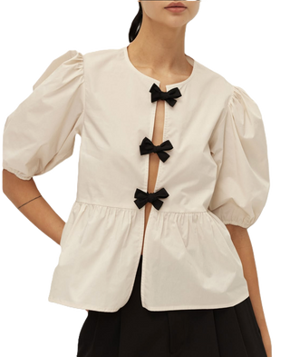 Luna Tie Top - Ecru+Black