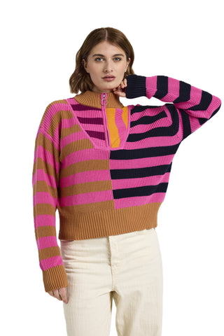 Mixed Stripe Half Zip - Pink/ Black Multi