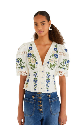 Farm Rio Countryside Land Embroidery Blouse - Off-White