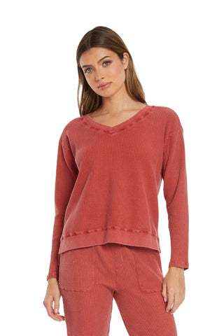 Long Sleeve Open V-Neck Waffle Top - Spiced Cider