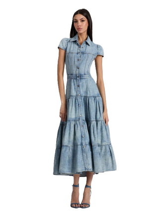 Patsy denim full Skirt Midi Shirt Dress- Light Adele