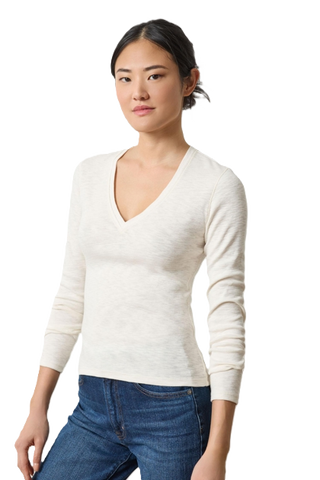 Rib Slub Long Sleeve V Neck - Talc