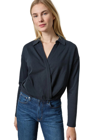 Lilla P Faux Wrap Collared Top - Black
