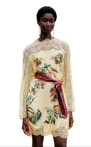 Farm Rio Bird Poetry Lace L/S Mini Dress - Soft Pink
