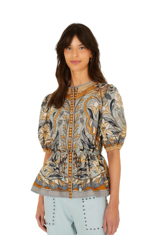 Farm Rio Stained Glass Beauty Drawstring Buttoned Blouse - Soft Blue