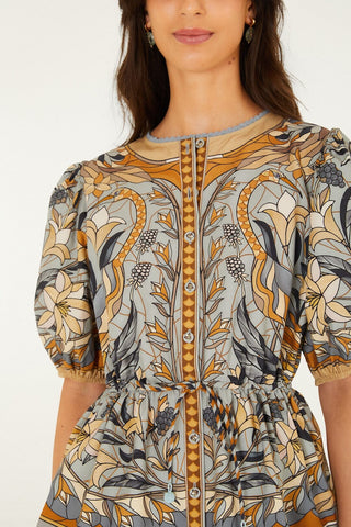 Farm Rio Stained Glass Beauty Drawstring Buttoned Blouse - Soft Blue