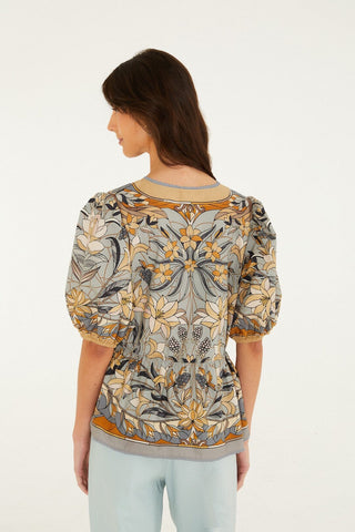 Farm Rio Stained Glass Beauty Drawstring Buttoned Blouse - Soft Blue