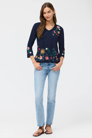 3/4 Sleeve Trapunto V-Neck Tee - Ziviana