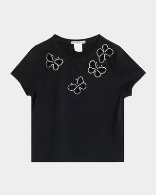 Cindy Embell Cropped Tee - Black/ Silver Crystal