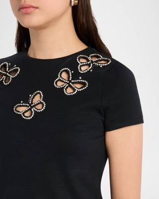 Cindy Embell Cropped Tee - Black/ Silver Crystal
