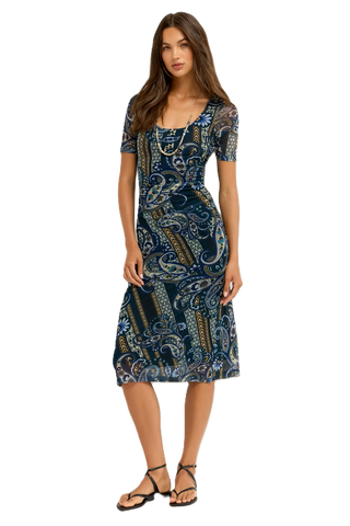 Scoop Neck Ruched Front Mesh Midi Dress - Montecito