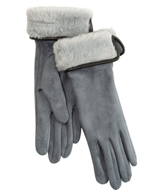 Faux Suede Fold-Up Faux Fur Cuff Gloves - Grey