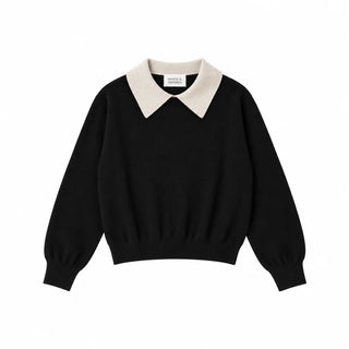 White + Warren Cashmere Contrast Collar Sweater - Black/Natural Heather