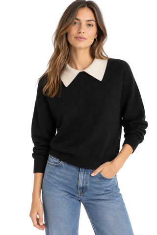 White + Warren Cashmere Contrast Collar Sweater - Black/Natural Heather
